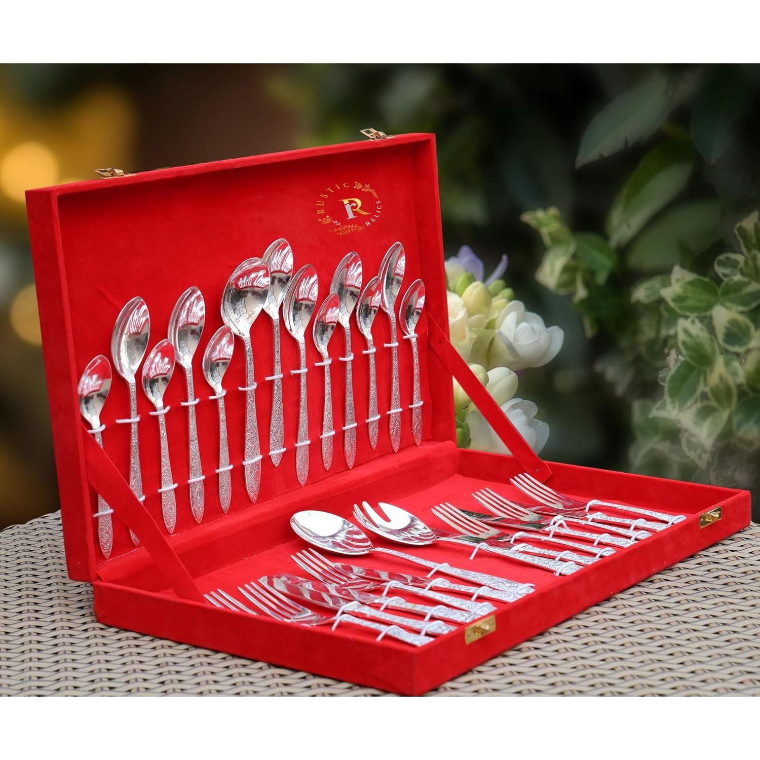 Набор столовых ложек из латуни - 27 шт. | Латунный металл, посеребренный, полированный | Декор для столовых приборов для дома |